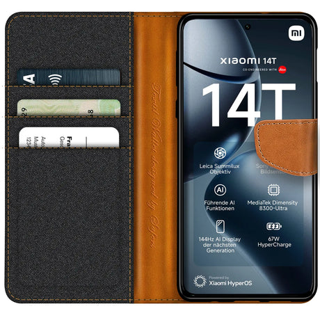 Xiaomi 14T Klapphülle im Jeanslook mit Karten- und Geldfach