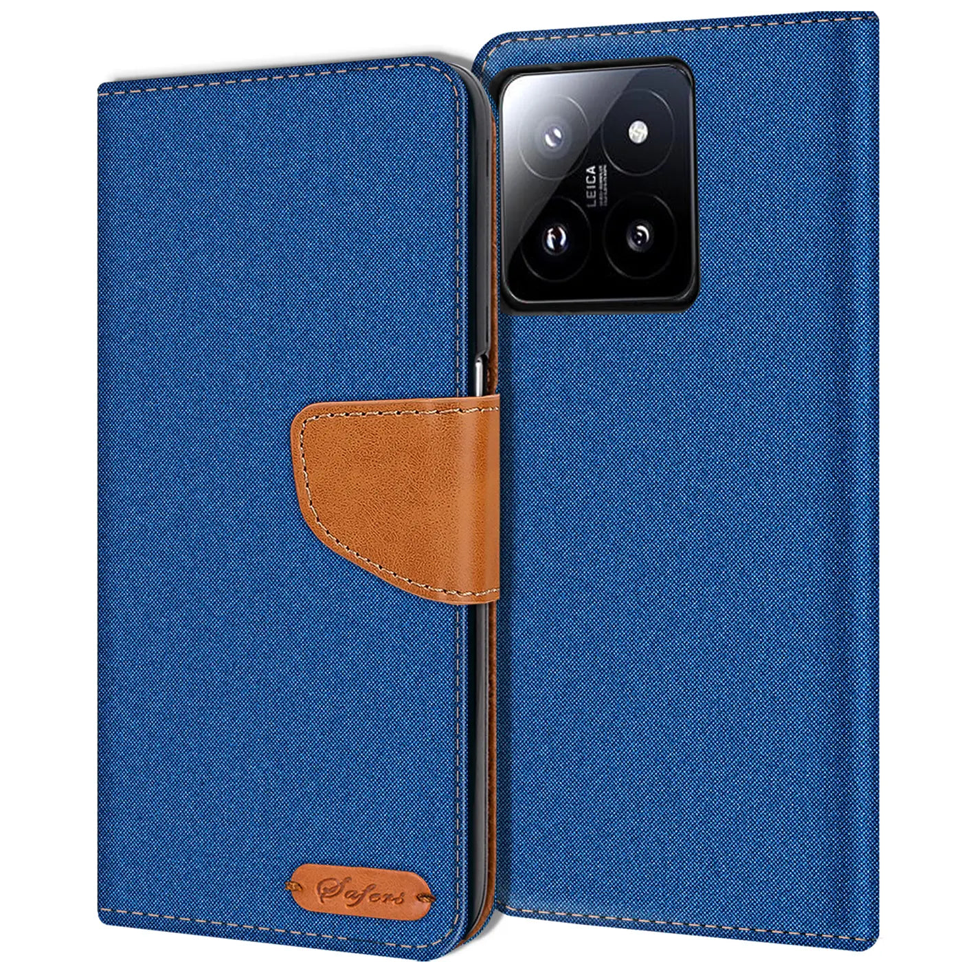 Blaue Textil-Klapphülle mit braunem Lederakzent, Vorderansicht, zeigt Xiaomi 15 Kamera.