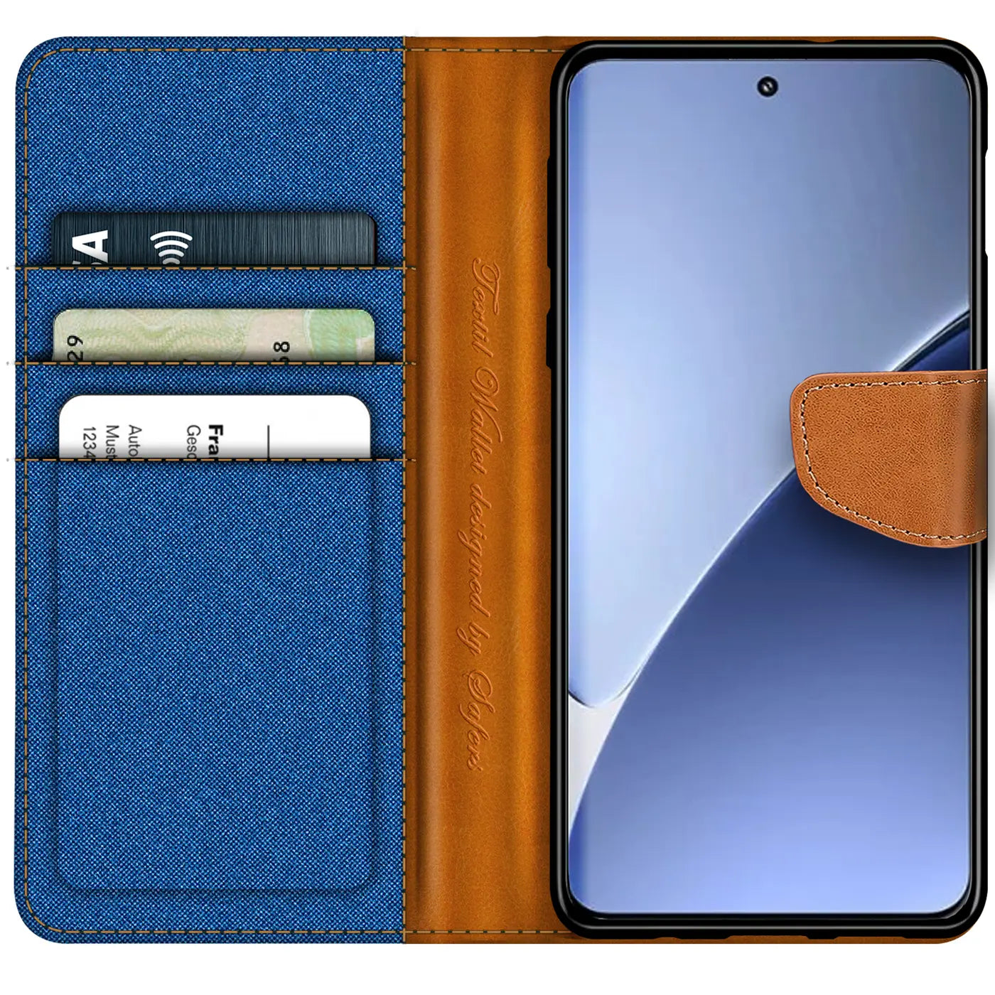 Blaue Textil-Klapphülle mit braunen Lederdetails, Kartenfächern, zeigt Smartphone.