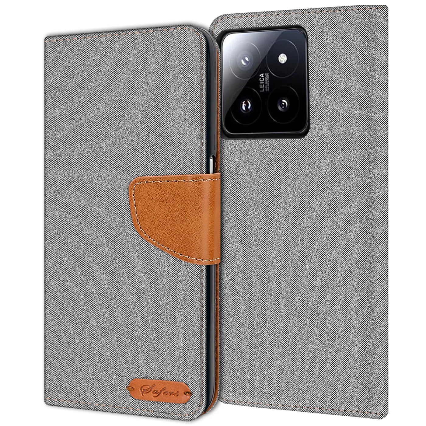 Graue Textil-Klapphülle mit braunem Lederdetail, zeigt Xiaomi 15 Rückseite.