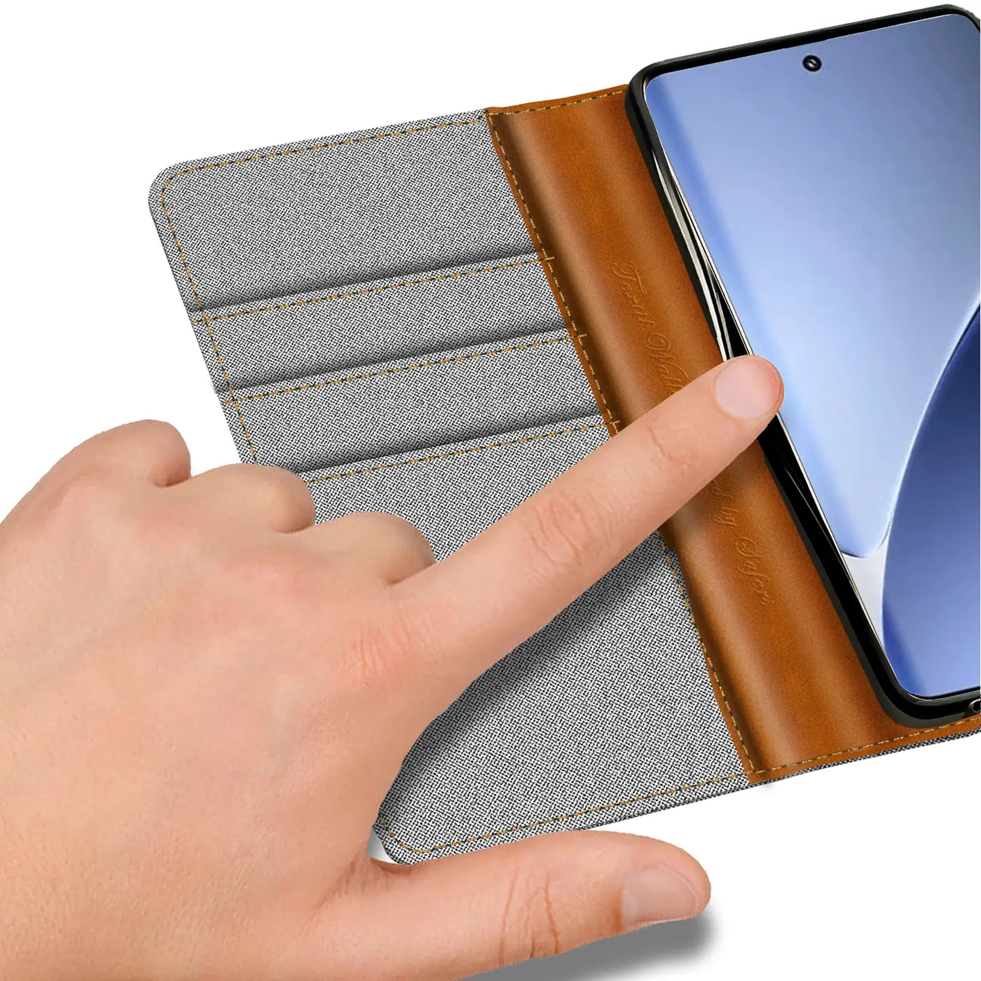 Graue Textilhülle mit braunem Lederdetail, Kartenfächer, Nahaufnahme, Xiaomi 15.