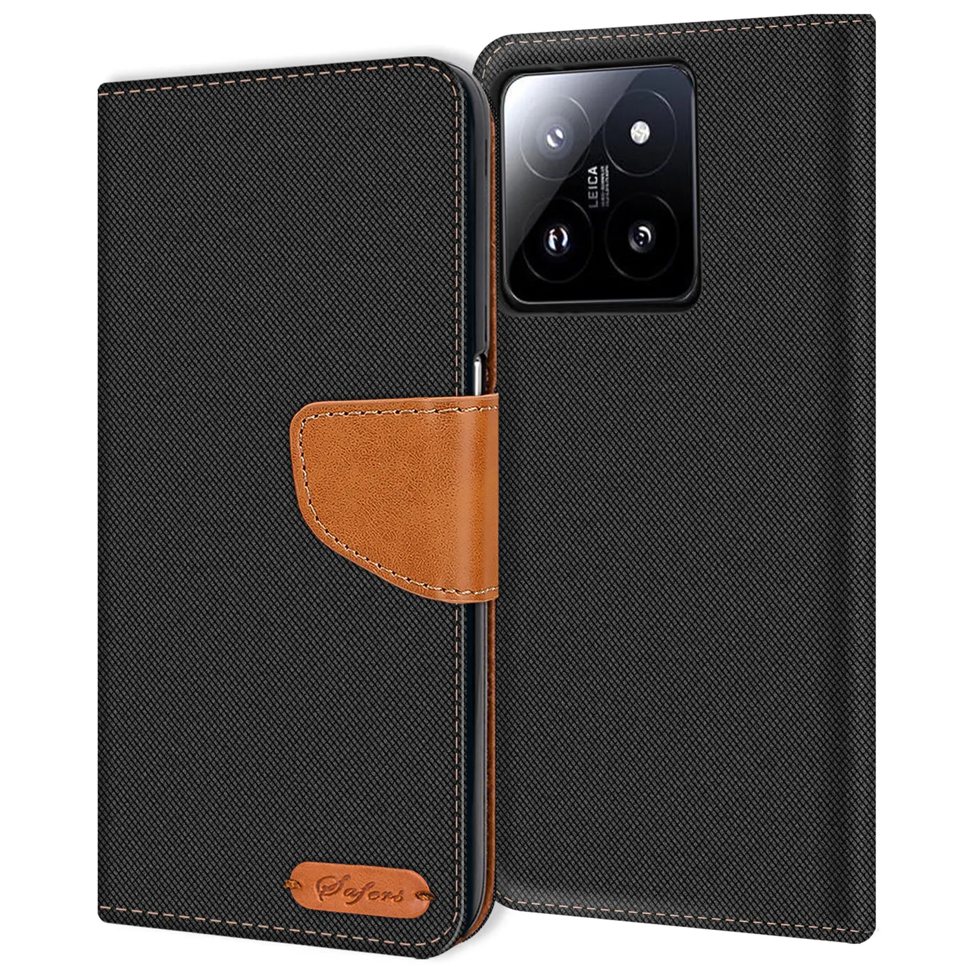 Schwarze Textil-Klapphülle mit braunem Lederakzent, zeigt Xiaomi 15 Rückseite.