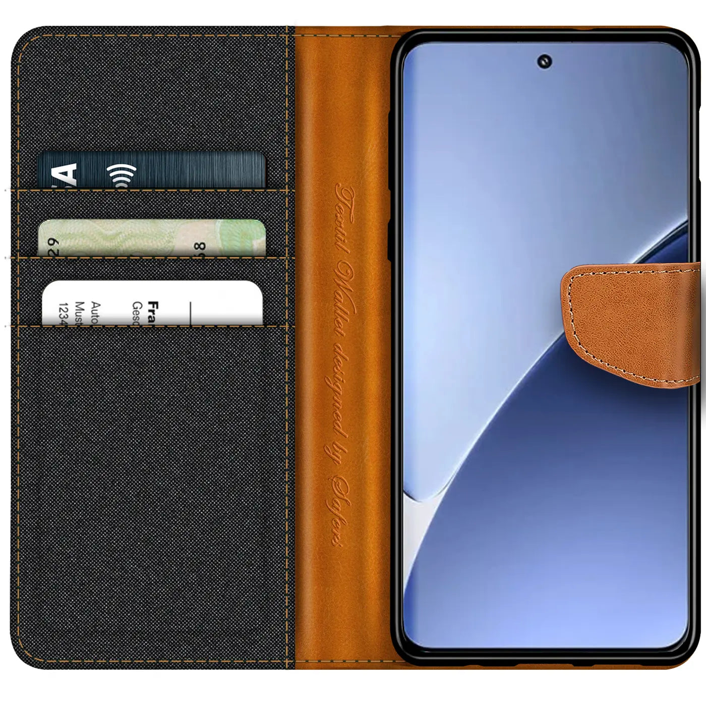 Textil-Klapphülle in Schwarz/Braun mit Kartenfächern, zeigt Xiaomi 15.