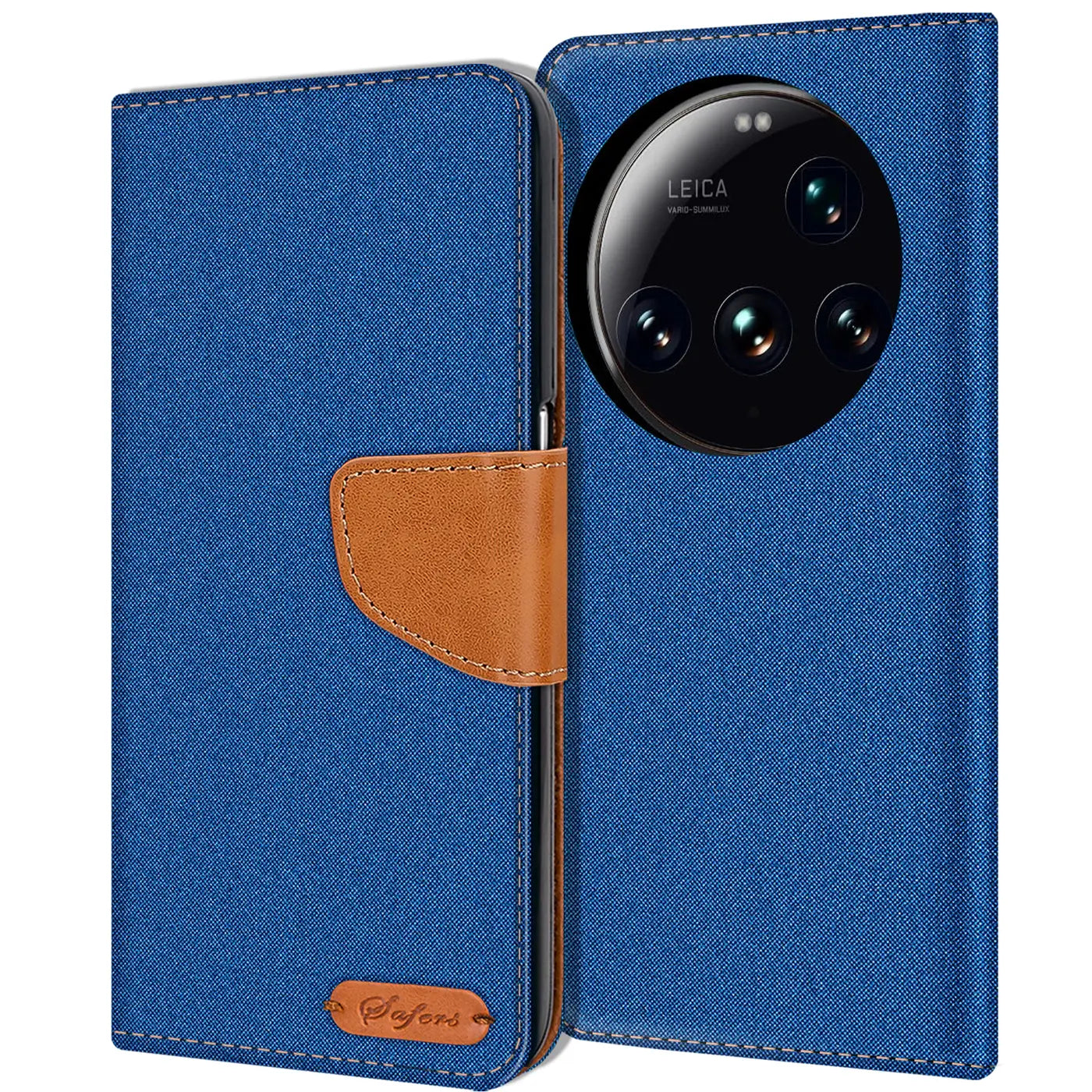 Blaue Textil-Klapphülle mit braunem Lederriemen und Kartenfach, Vorderansicht, zeigt Kamera des Xiaomi 15 Ultra.