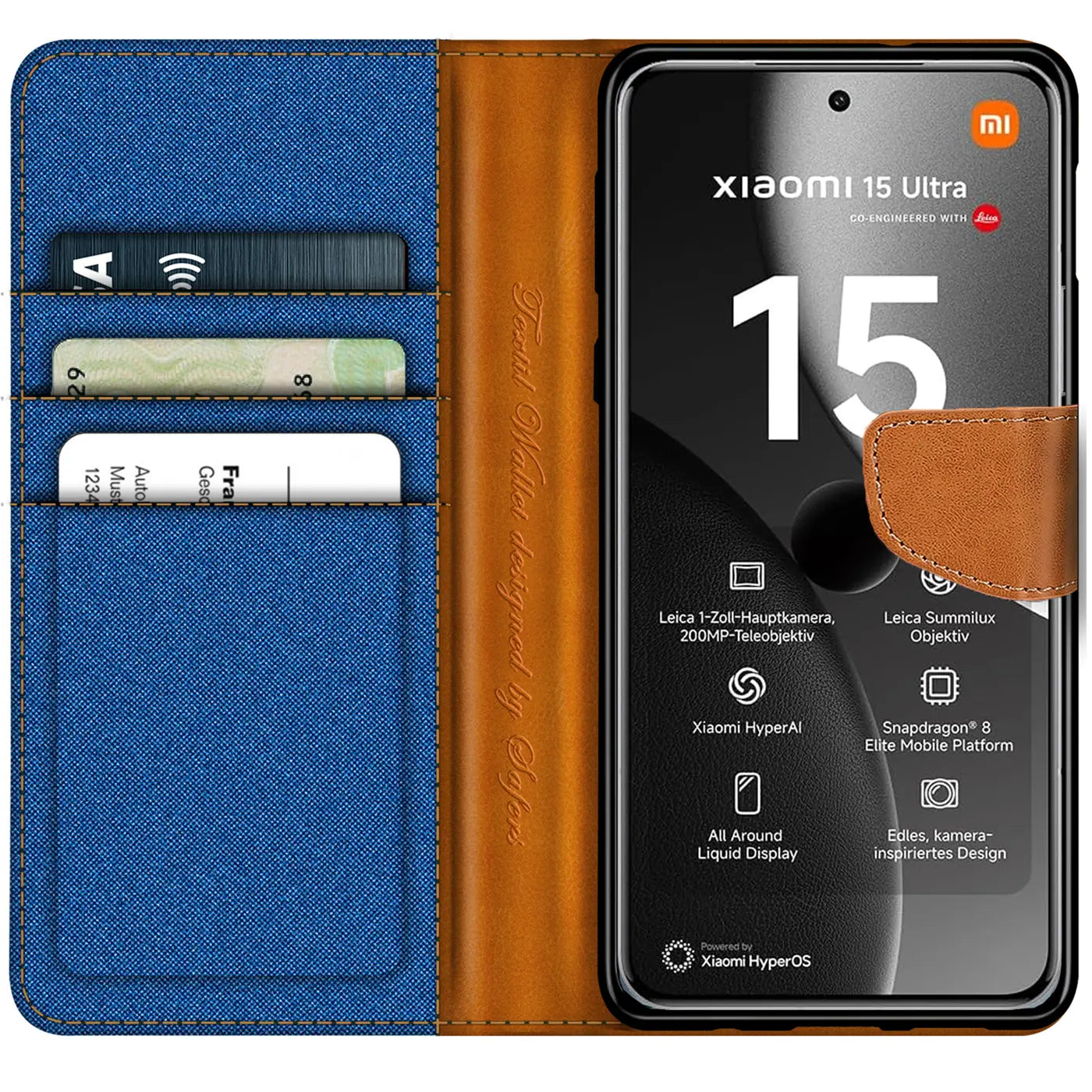 Blaues Textil-Klapphülle mit braunem Lederfach für Xiaomi 15 Ultra, Vorderansicht.