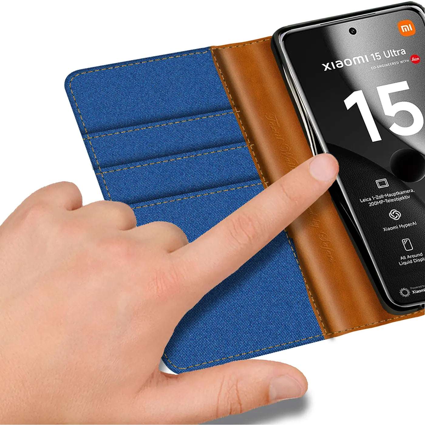 Blaue Textil-Klapphülle mit braunen Lederdetails, Kartenfächer, Xiaomi 15 Ultra von oben