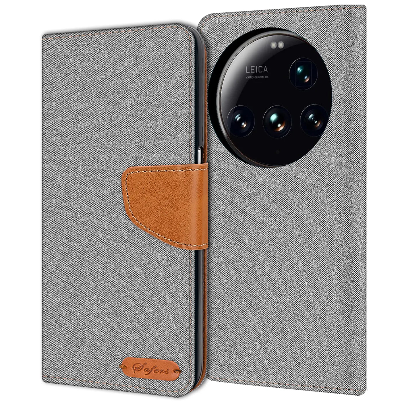 Graue Textil-Klapphülle mit braunem Lederakzent und Kartenfach, zeigt Xiaomi 15 Ultra Kamera.
