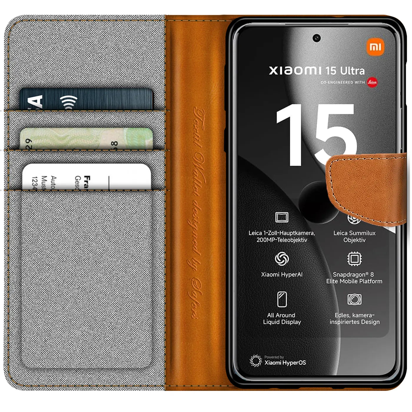 Braune Leder-Klapphülle mit grauem Textilfutter, Kartenfächer, Xiaomi 15 Ultra.