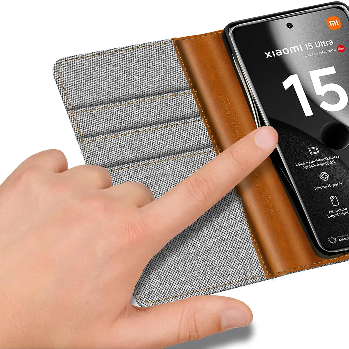 Graue Textil-Klapphülle mit braunem Leder, Kartenfächer, Xiaomi 15 Ultra, von oben