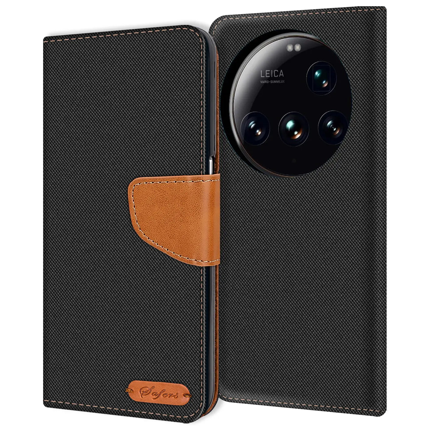 Schwarze Textil-Klapphülle mit braunem Lederdetail, zeigt Rückseite eines Xiaomi 15 Ultra.