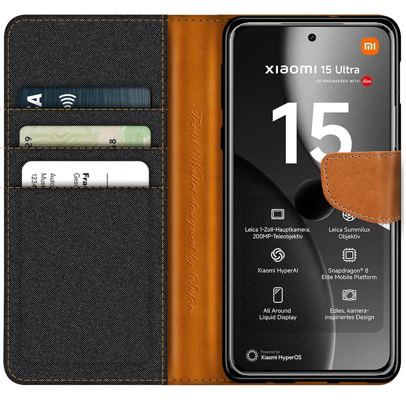 Textil-Klapphülle in Schwarz/Braun mit Kartenfach, zeigt Xiaomi 15 Ultra.