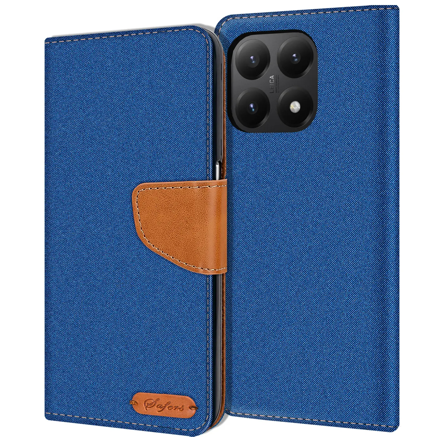 Blaue Textil-Klapphülle mit braunem Lederakzent, Vorderansicht, zeigt Smartphone-Kamera.