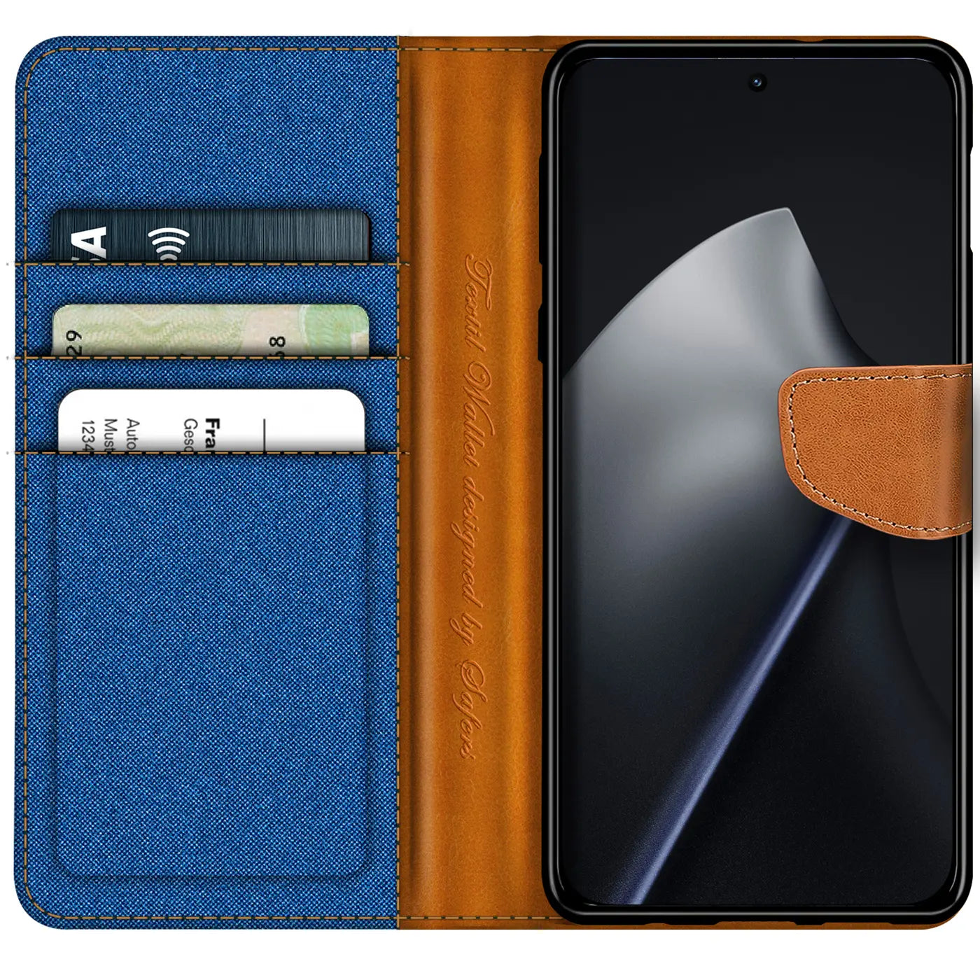 Blaue Textil-Klapphülle mit braunen Lederdetails, Kartenfächer, Xiaomi 15T.