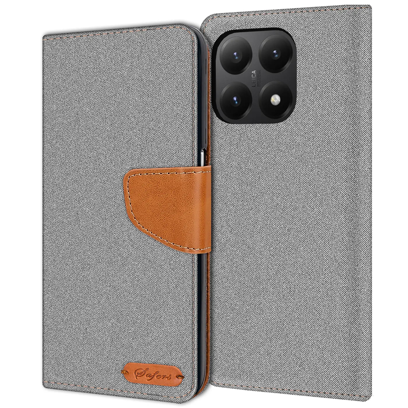 Graue Textil-Klapphülle mit braunem Lederdetail und Kartenfach, zeigt Rückseite eines Smartphones.