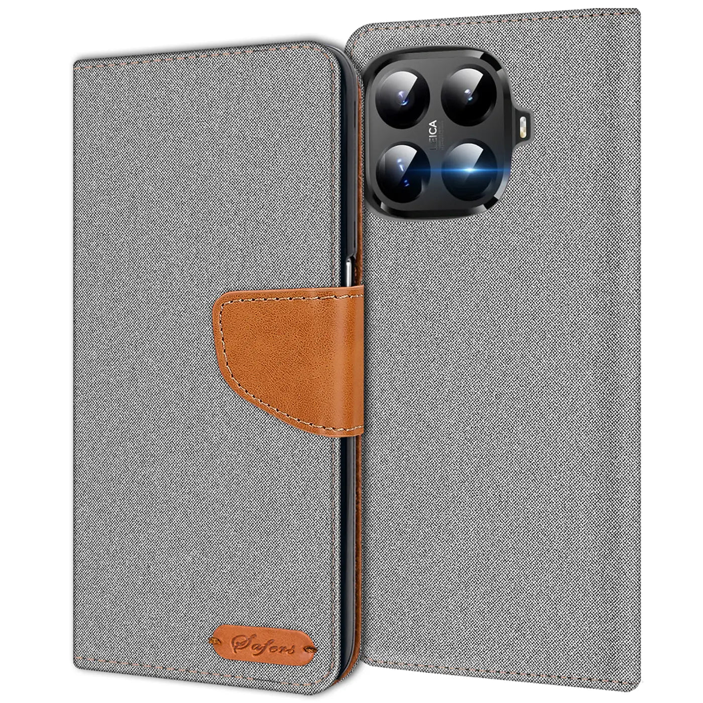 Graue Textil-Klapphülle mit braunem Lederakzent und Kartenfach, zeigt Rückseite eines Xiaomi 15T Pro.