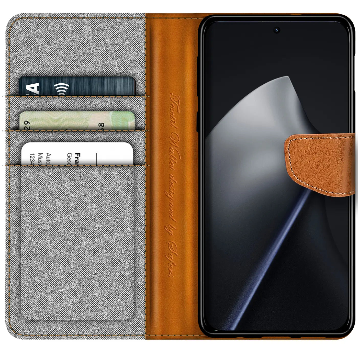 Graue Textil-Klapphülle mit braunem Lederakzent, Kartenfächer, Xiaomi 15T Pro.