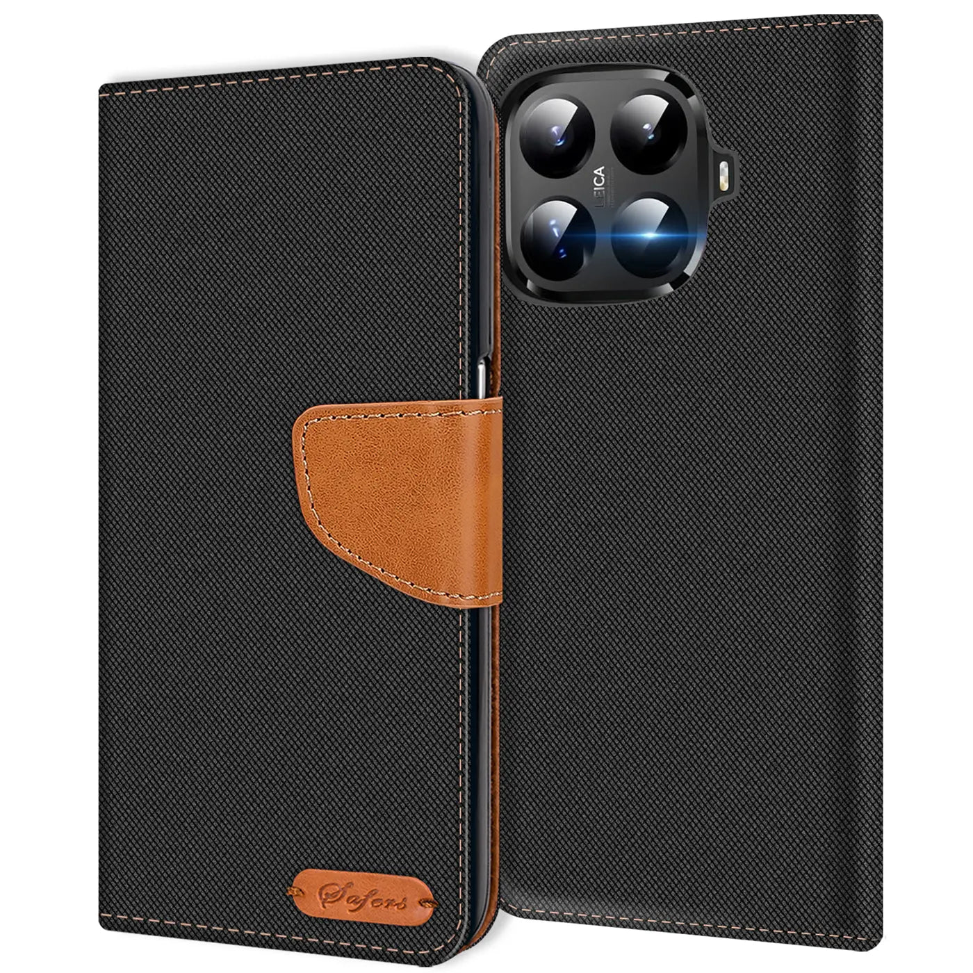 Schwarze Textil-Klapphülle mit braunem Lederriemen, von vorne, für Xiaomi 15T Pro.