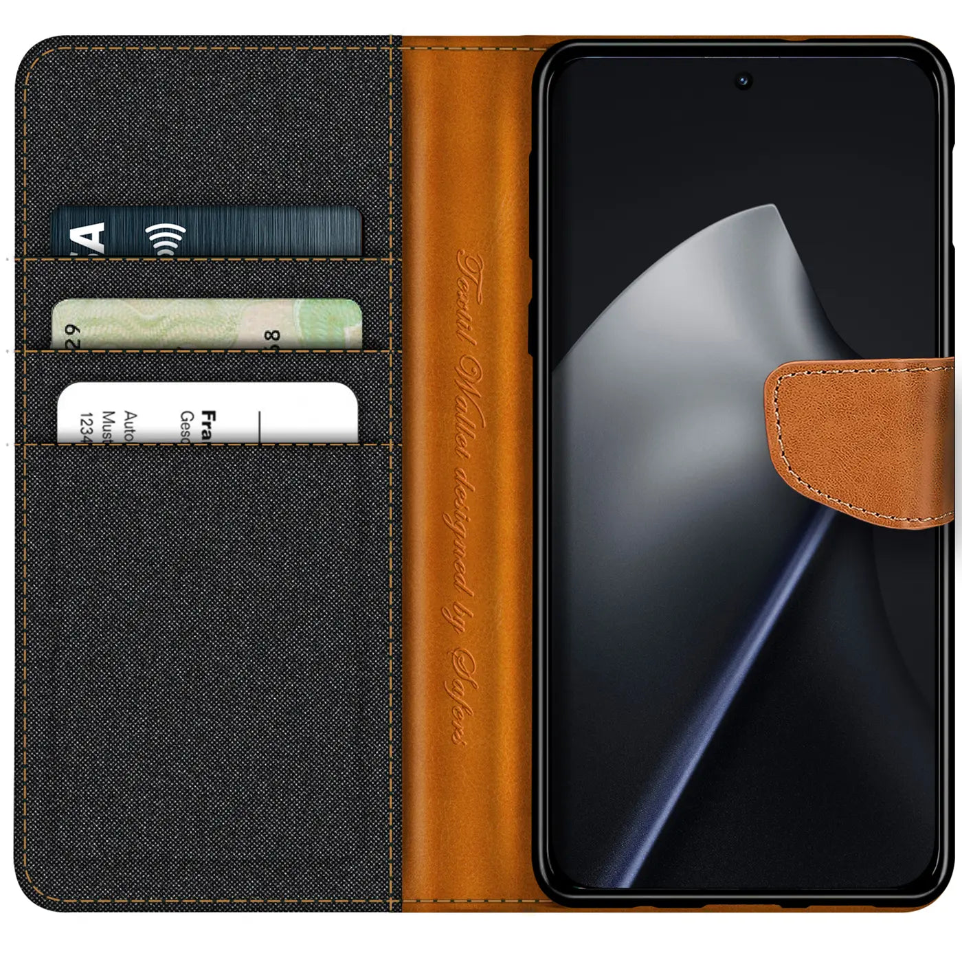 Textil-Klapphülle in Schwarz/Braun mit Kartenfächern, zeigt Xiaomi 15T, von vorne.