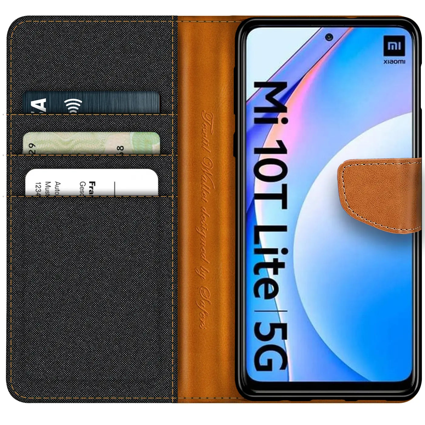 Textilhülle für Xiaomi Mi 10T Lite, braun/schwarz, Kartenfach, von vorn