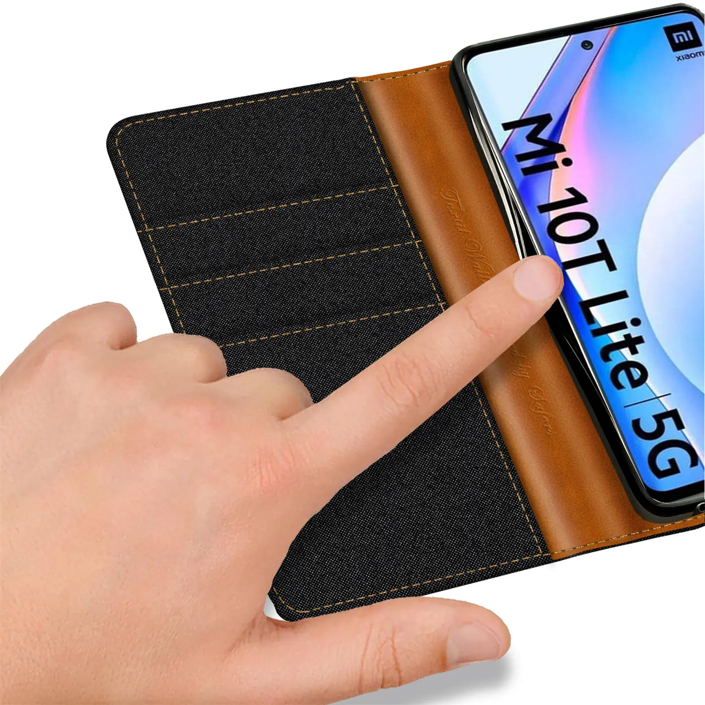Schwarze Textil-Klapphülle mit braunem Lederdetail, von oben, zeigt Xiaomi Mi 10T Lite 5G.