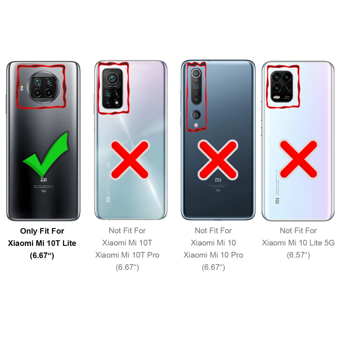 Xiaomi Mi 10T Lite mit grüner Häkchen-Grafik, andere Modelle mit roten Kreuzen.