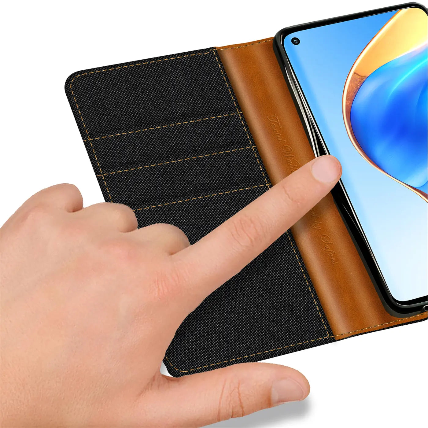 Klapphülle aus Textil/Leder für Xiaomi Mi 10T Pro, schwarz/braun, von vorn, mit Kartenfächern.