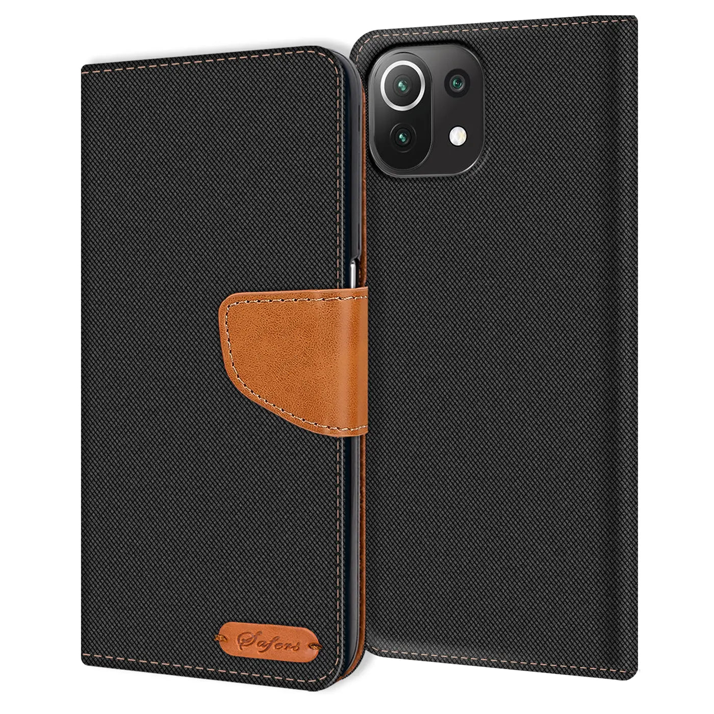 Schwarze Textil-Klapphülle mit braunem Lederdetail für Xiaomi Mi 11 Lite 4G/5G.