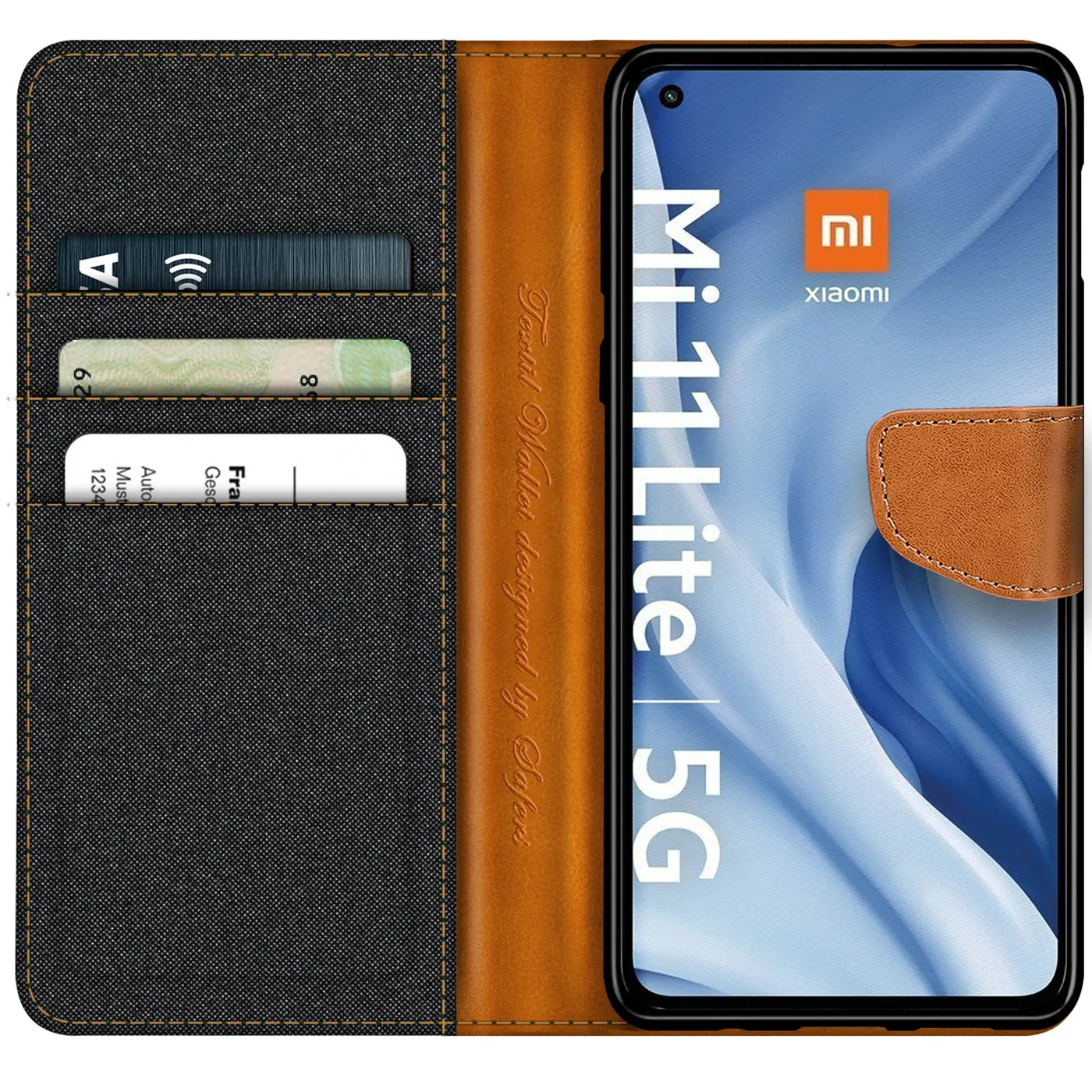 Textil-Klapphülle in Schwarz/Braun mit Kartenfach, zeigt Xiaomi Mi 11 Lite 5G.