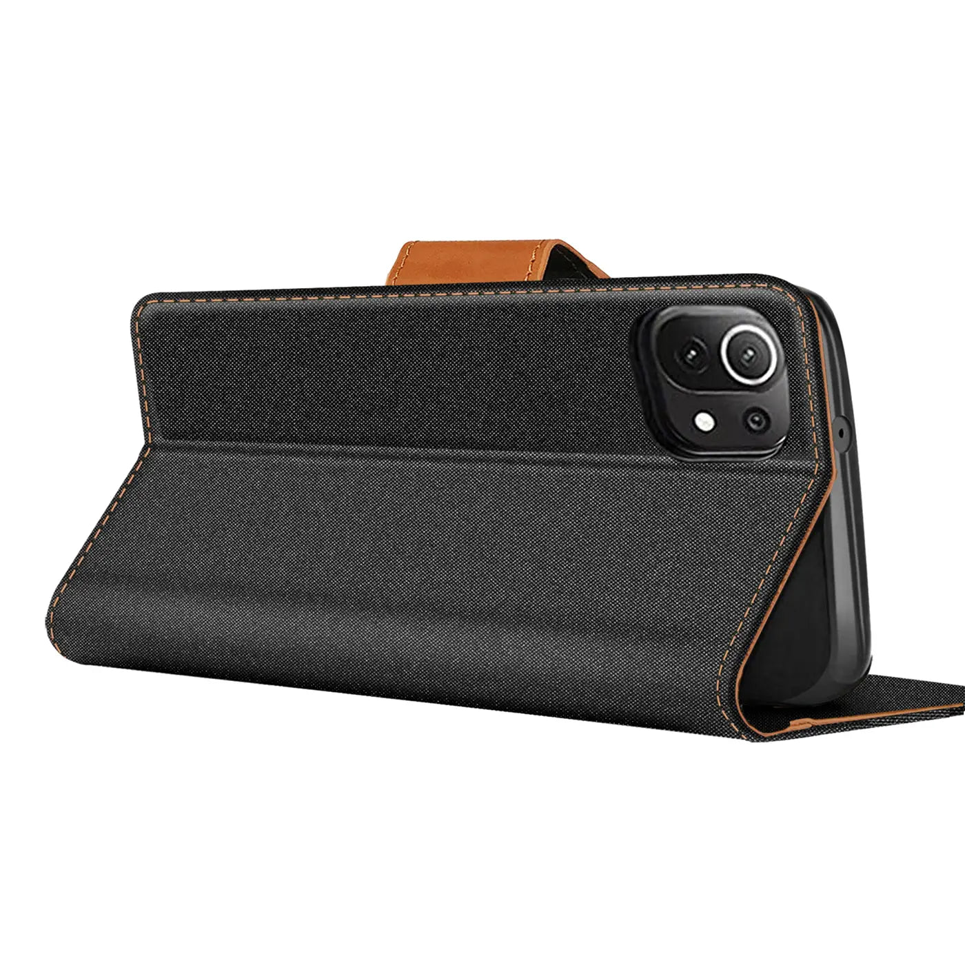 Schwarze Textil-Klapphülle mit braunem Lederakzent, seitliche Ansicht, Xiaomi Mi 11 Lite.