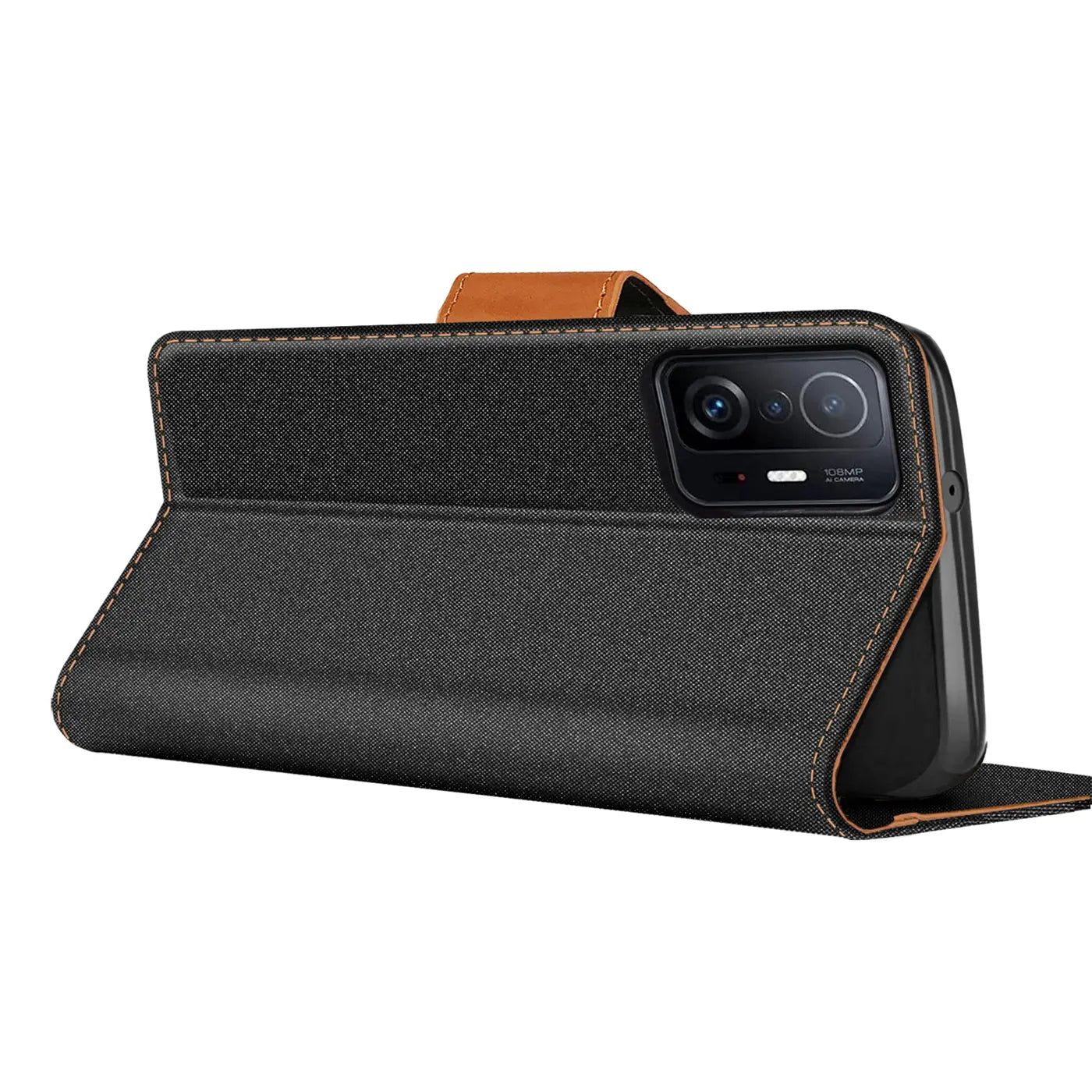 Schwarze Textil-Klapphülle mit braunen Akzenten, seitliche Ansicht, zeigt Xiaomi Mi 11T Pro.