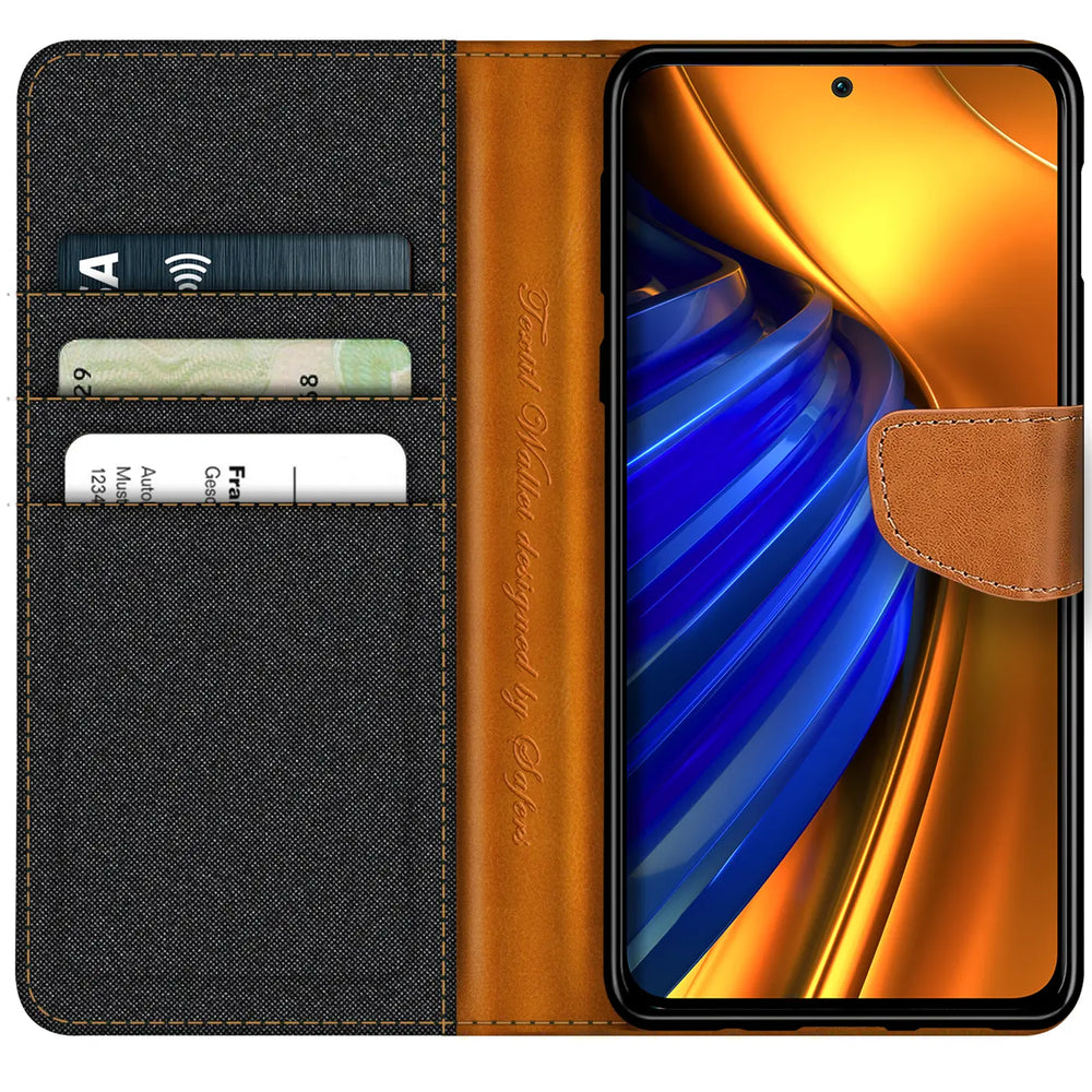 Textil-Klapphülle in Schwarz/Braun mit Kartenfächern, zeigt Xiaomi Poco F4 GT.