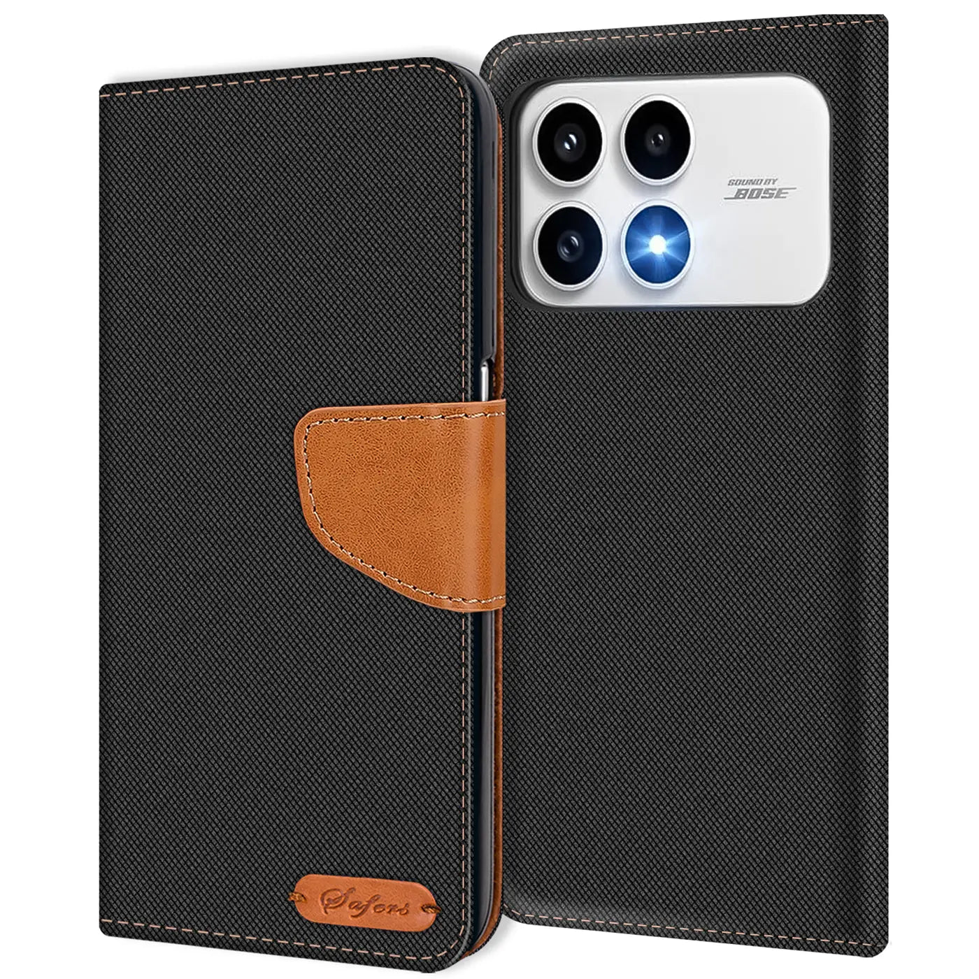 Schwarze Textil-Klapphülle mit braunem Lederakzent, von vorne, zeigt Smartphone-Kamera.
