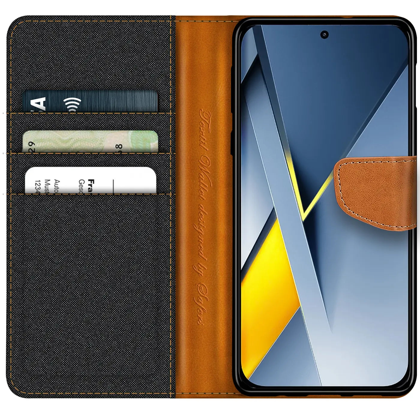 Textil-Klapphülle mit Kartenfach, braun/grau, für Xiaomi Poco F8 Pro, von vorne