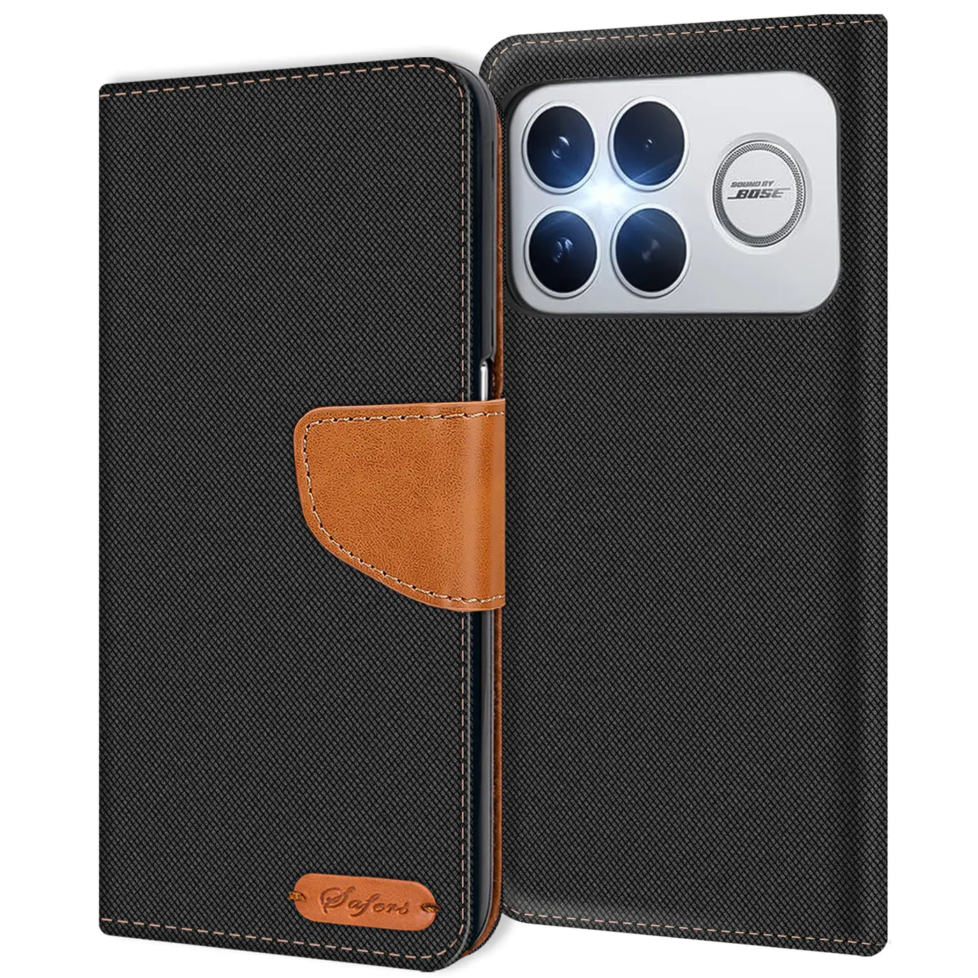 Schwarze Textil-Klapphülle mit braunem Lederakzent, von vorne, zeigt Kamera-Array eines Smartphones.