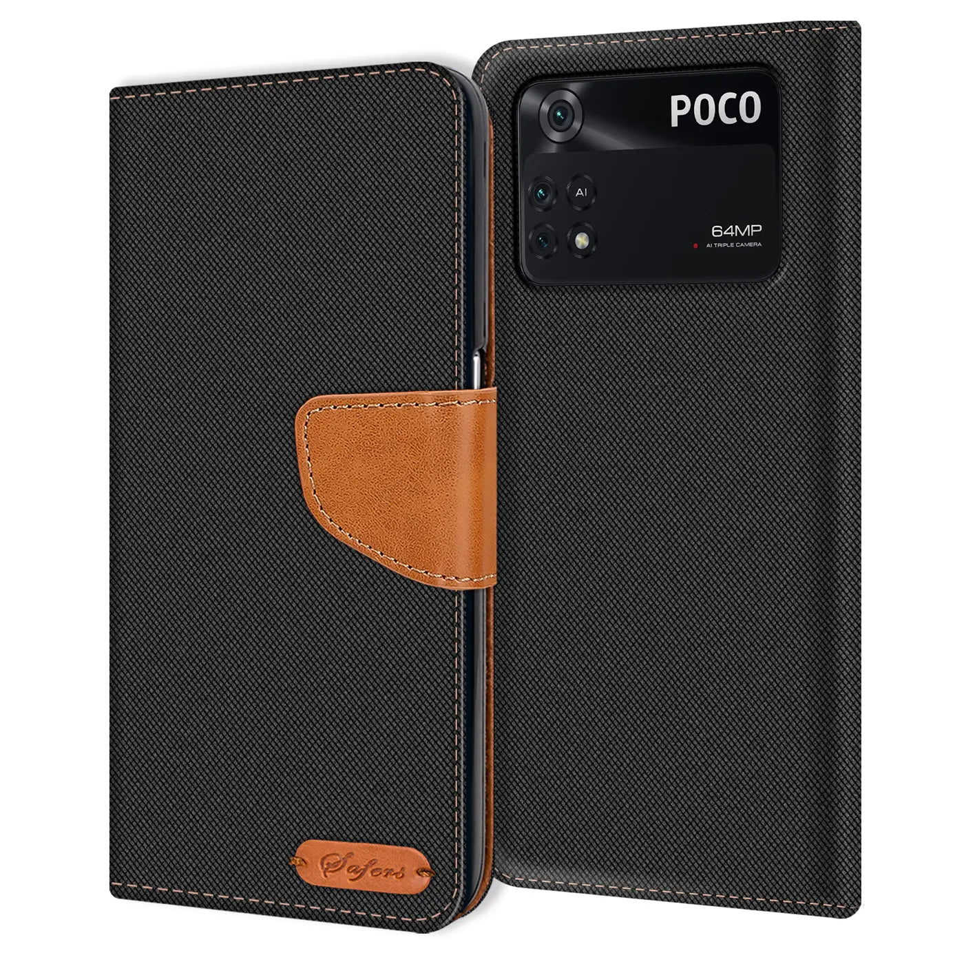 Schwarze Textil-Klapphülle mit braunem Lederakzent für Xiaomi Poco M4 Pro, von vorne betrachtet.