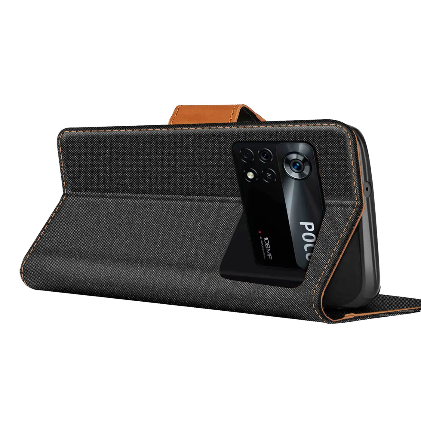 Graue Textil-Klapphülle mit braunem Verschluss, zeigt Xiaomi Poco M4 Pro, von vorne.
