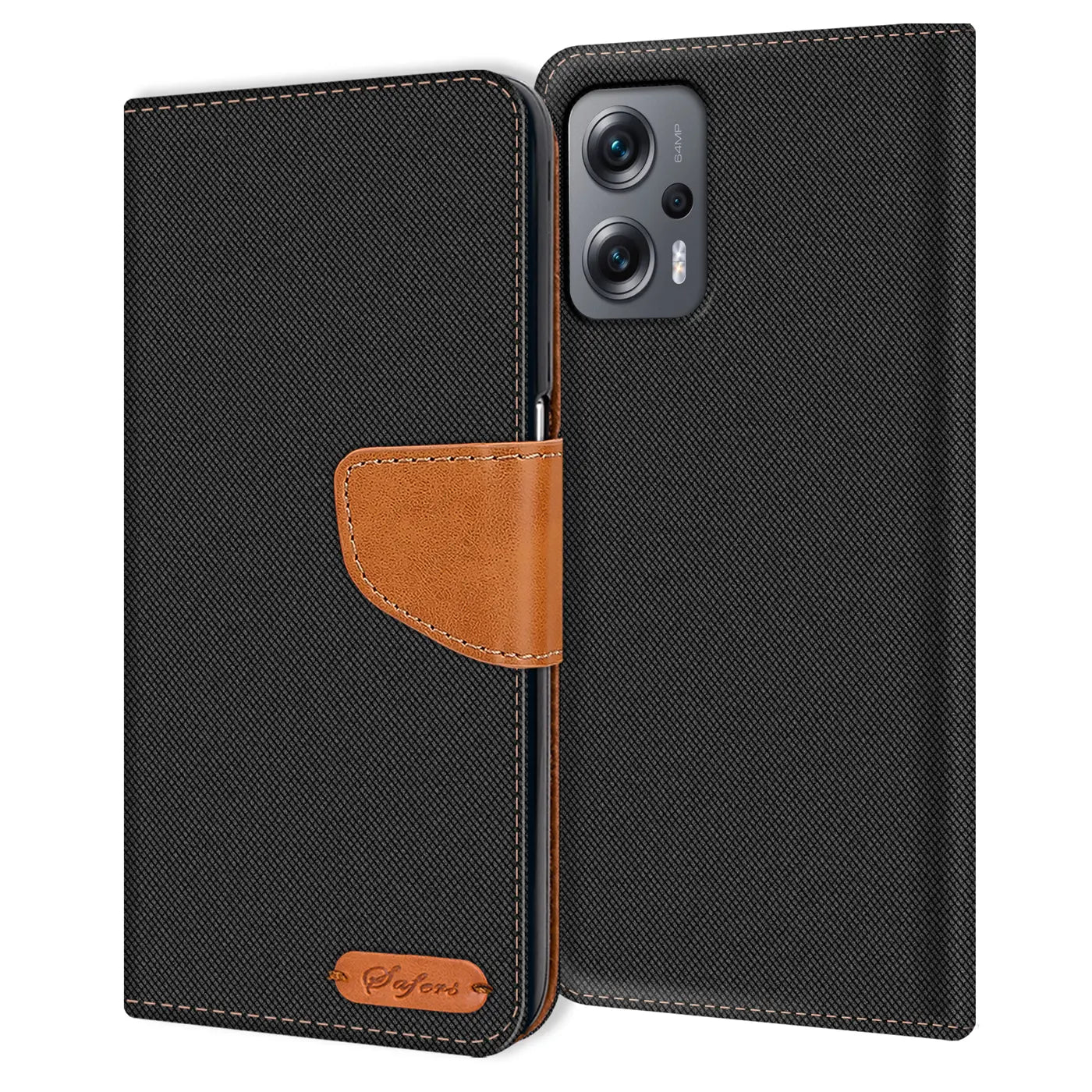 Schwarze Textil-Klapphülle mit braunem Lederriemen, geöffnet, zeigt Xiaomi Poco X4 GT.