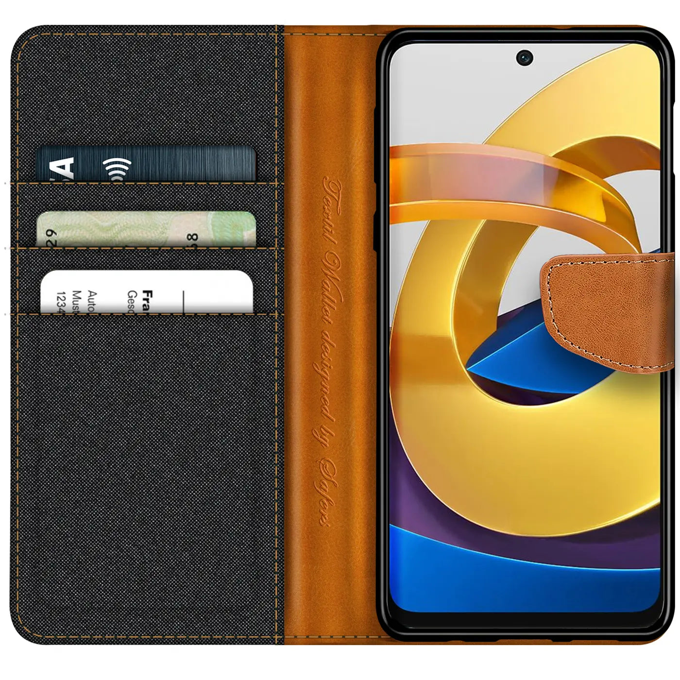 Textil-Klapphülle in Schwarz/Braun mit Kartenfächern, zeigt Xiaomi Poco X4 GT.