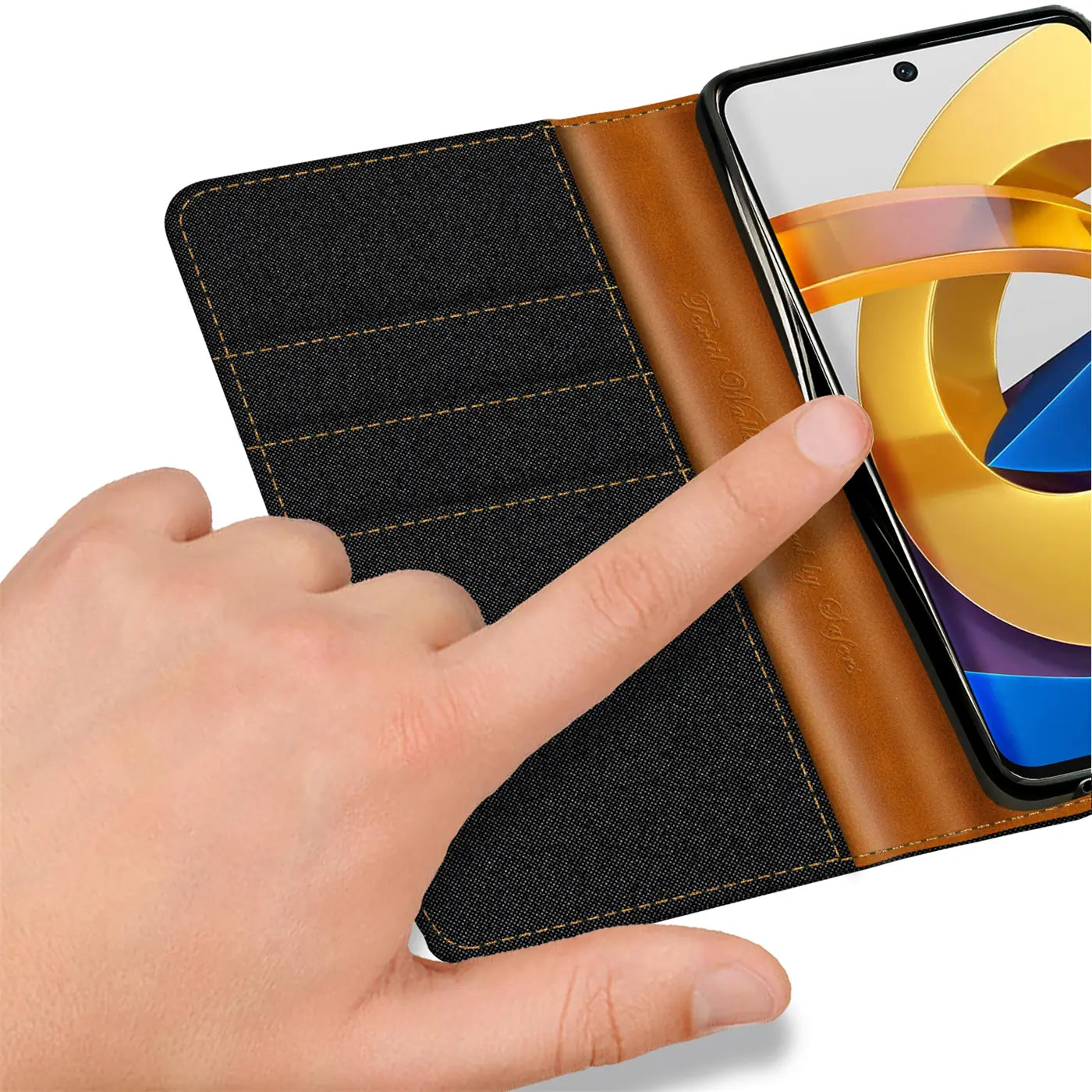 Textil-Klapphülle (schwarz/braun) mit Kartenfächern, zeigt Xiaomi Poco X4 GT.