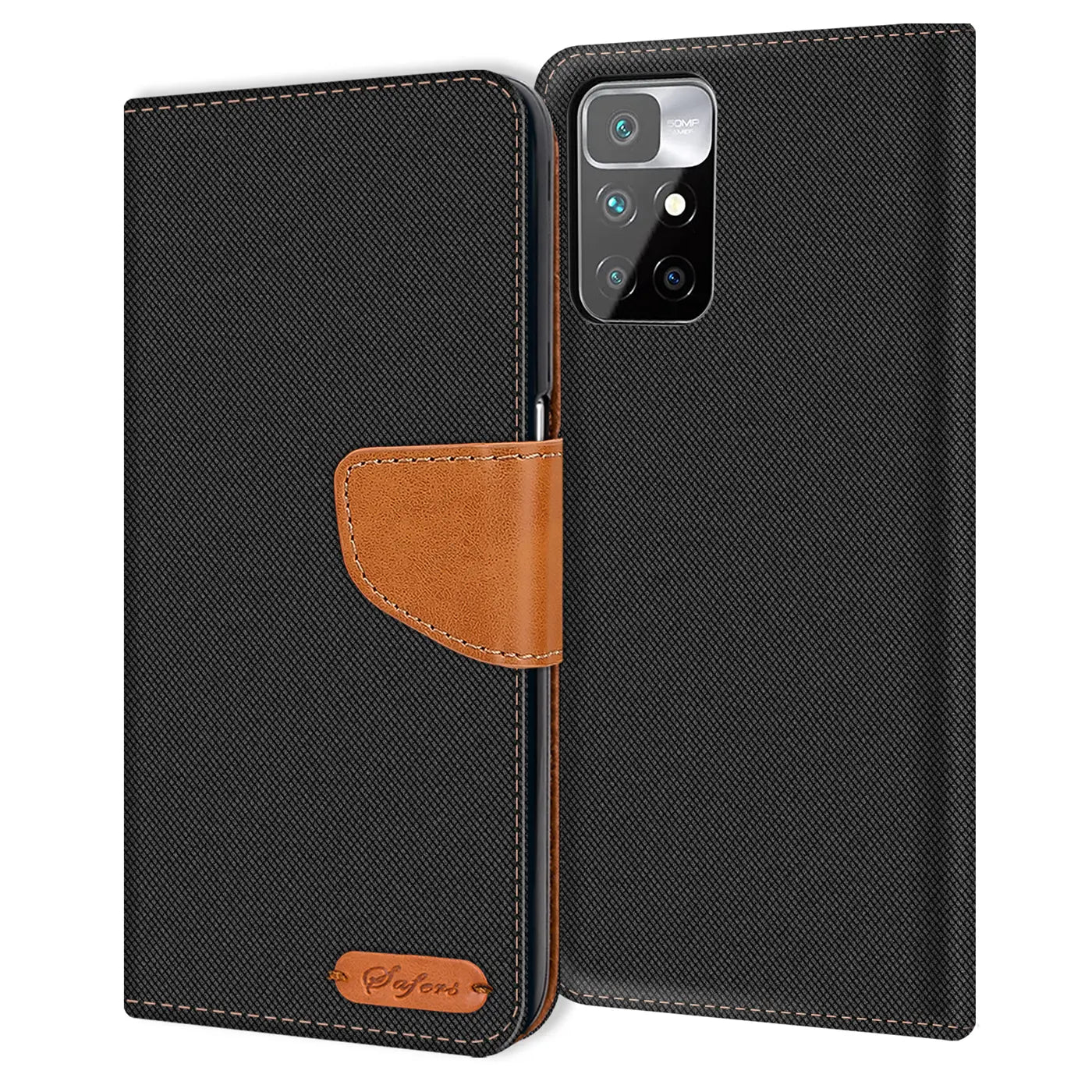 Schwarze Textil-Klapphülle mit braunem Lederakzent, zeigt Rückseite Xiaomi Redmi 10.