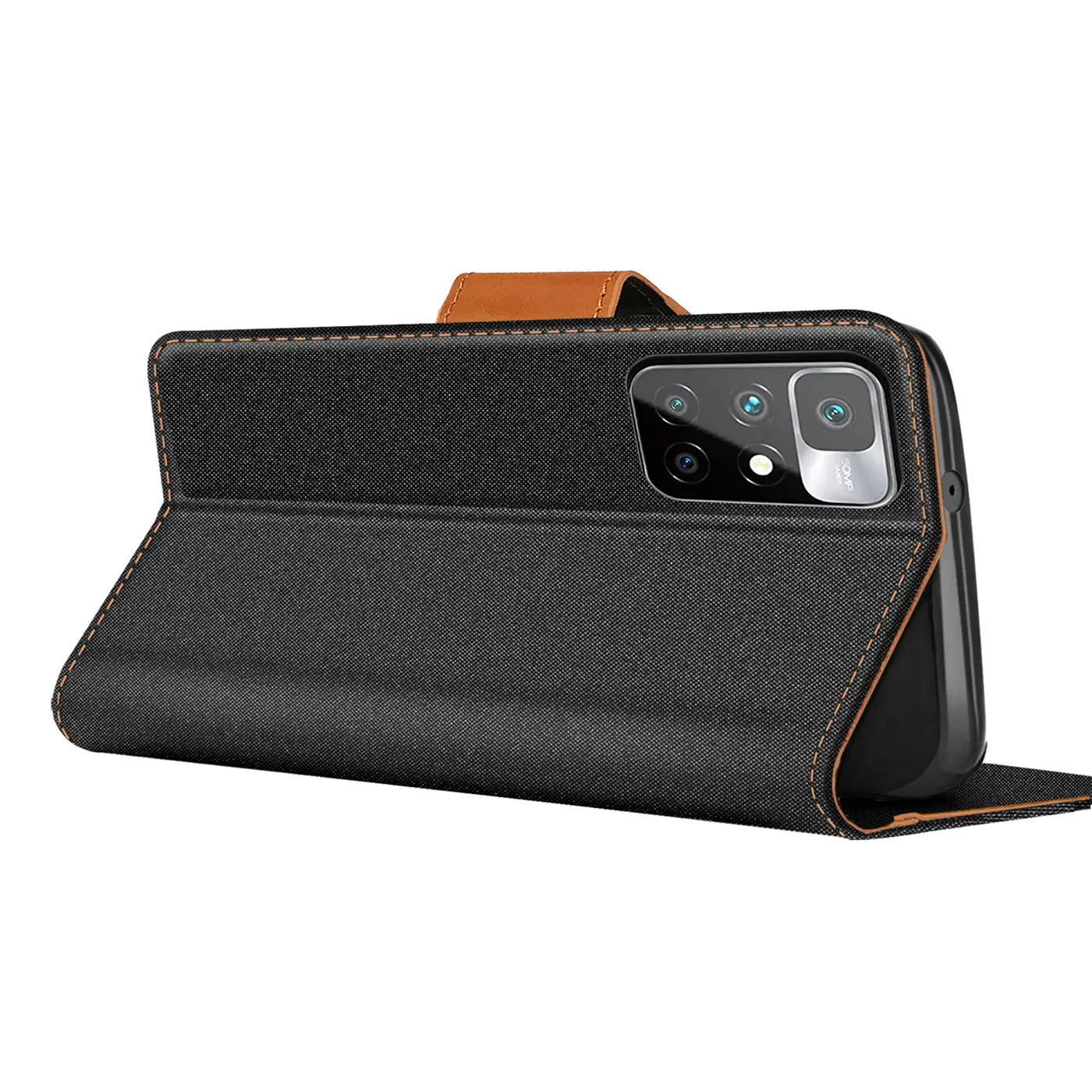 Schwarze Textil-Klapphülle mit braunen Akzenten, zeigt Rückseite Xiaomi Redmi 10.