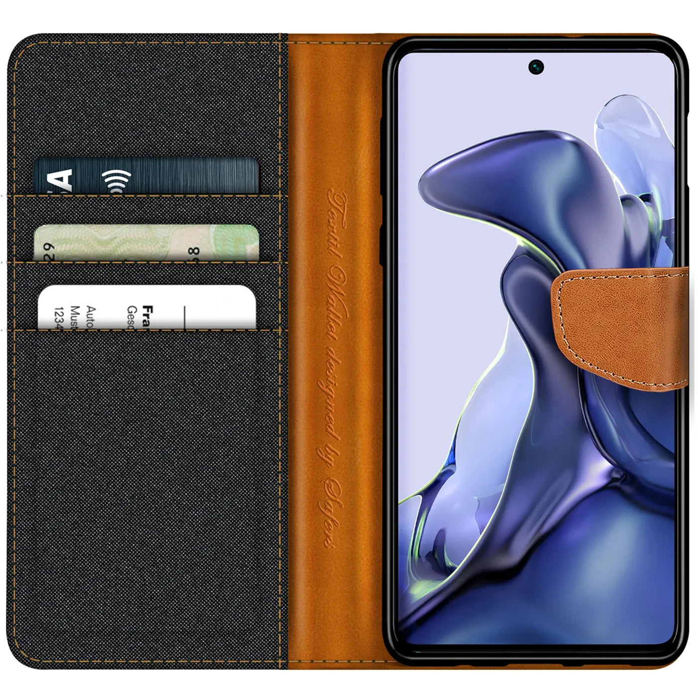 Textil-Klapphülle in Schwarz/Braun mit Kartenfach, zeigt Xiaomi 10C, von vorn