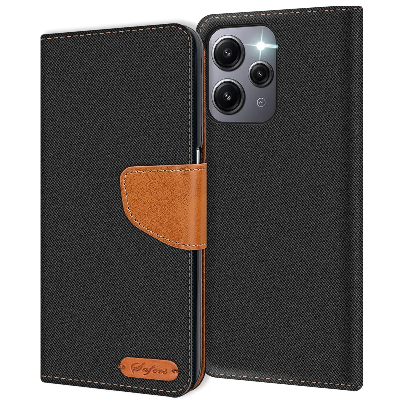 Schwarze Textil-Klapphülle mit braunem Lederakzent, von vorne, für ein Smartphone.