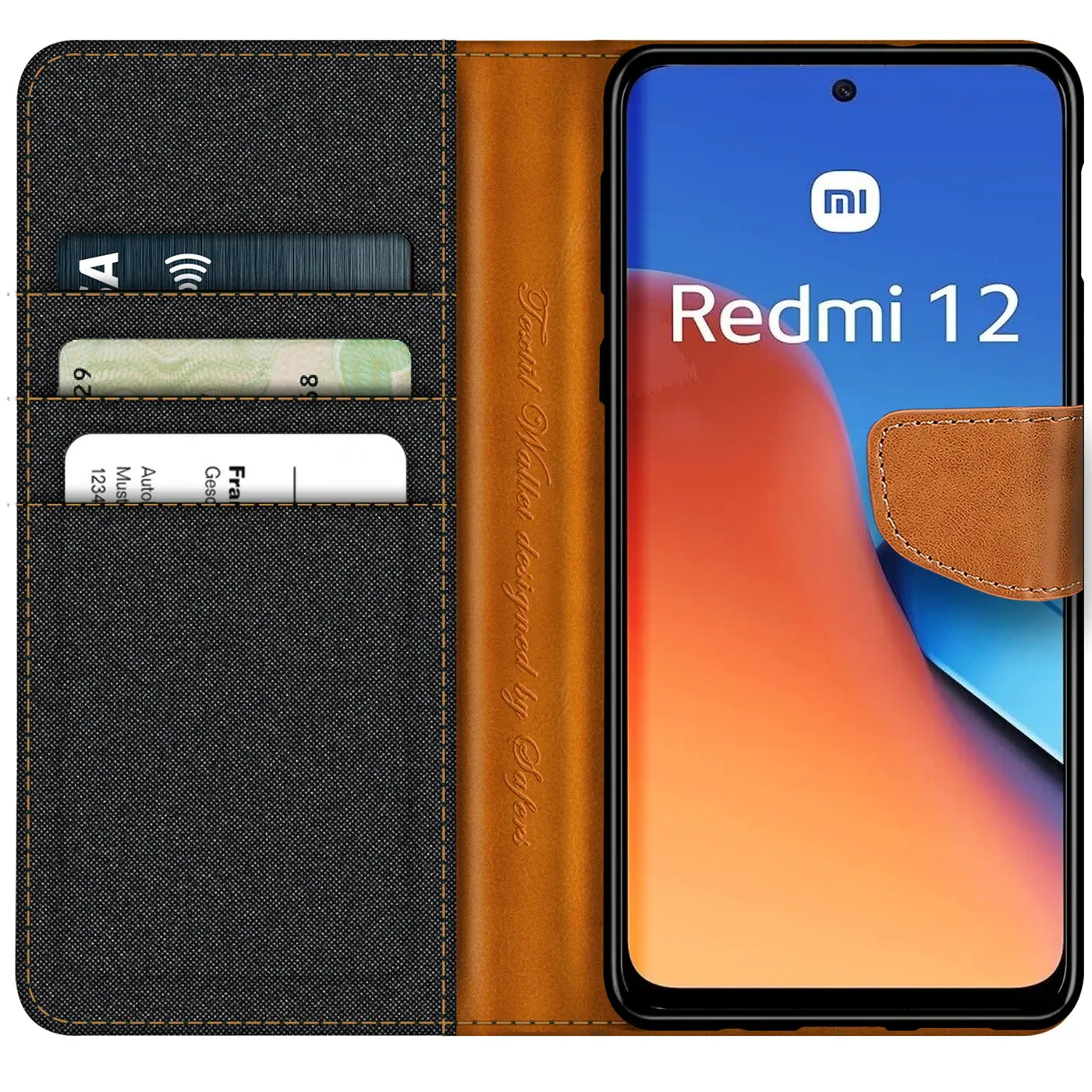 Textil-Klapphülle mit Kartenfach für Xiaomi Redmi 12, braun/grau, von vorne