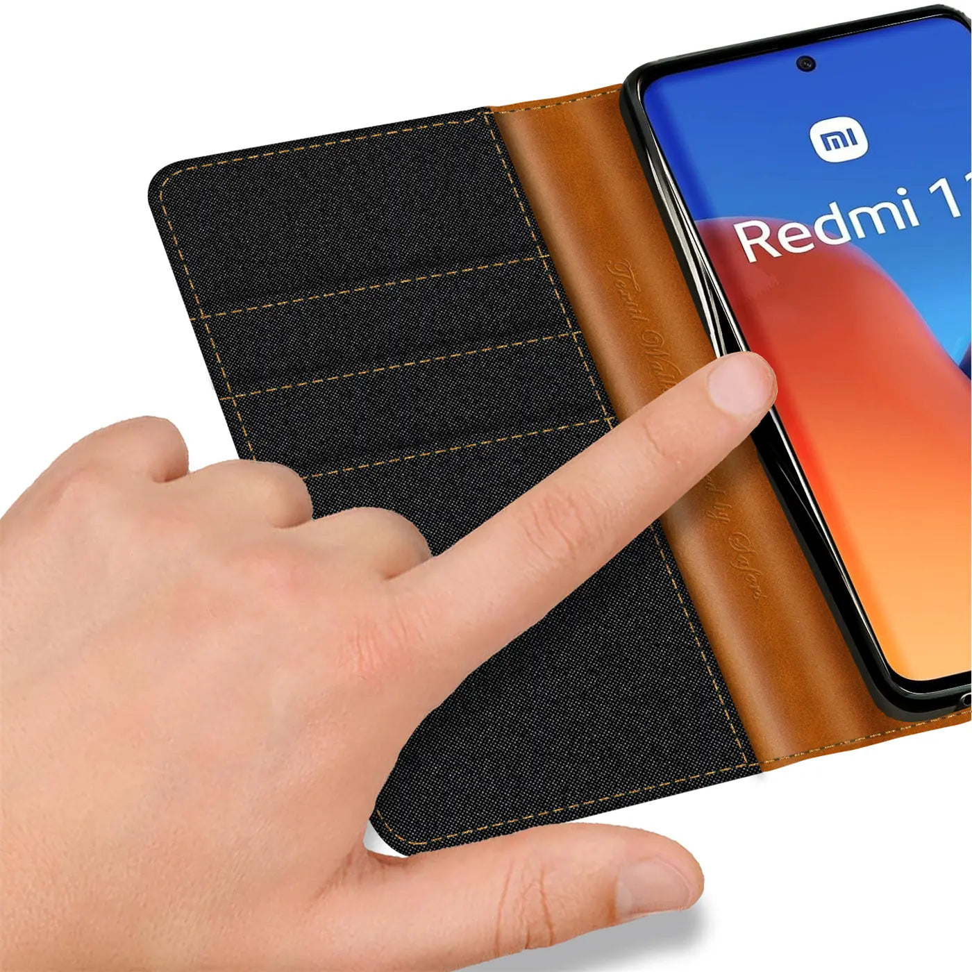 Textil-Klapphülle, braun/schwarz, mit Kartenfach, Xiaomi Redmi 12 sichtbar
