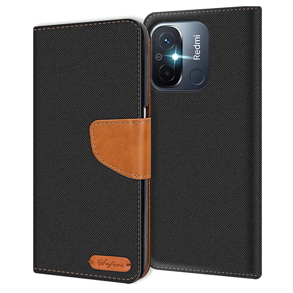 Schwarze Textil-Klapphülle mit braunem Lederakzent für Xiaomi Redmi 12C, von vorne.