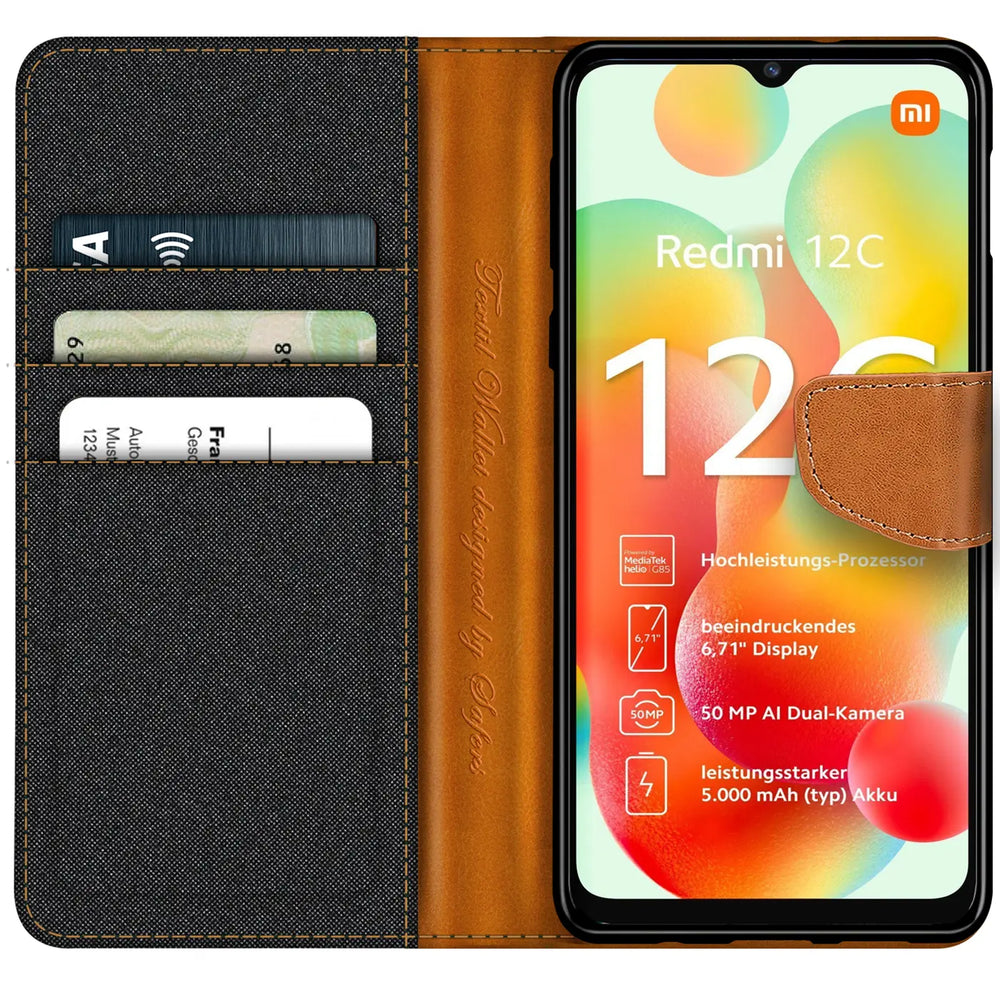 Textil-Klapphülle in Schwarz/Braun mit Kartenfach, zeigt Xiaomi Redmi 12C.