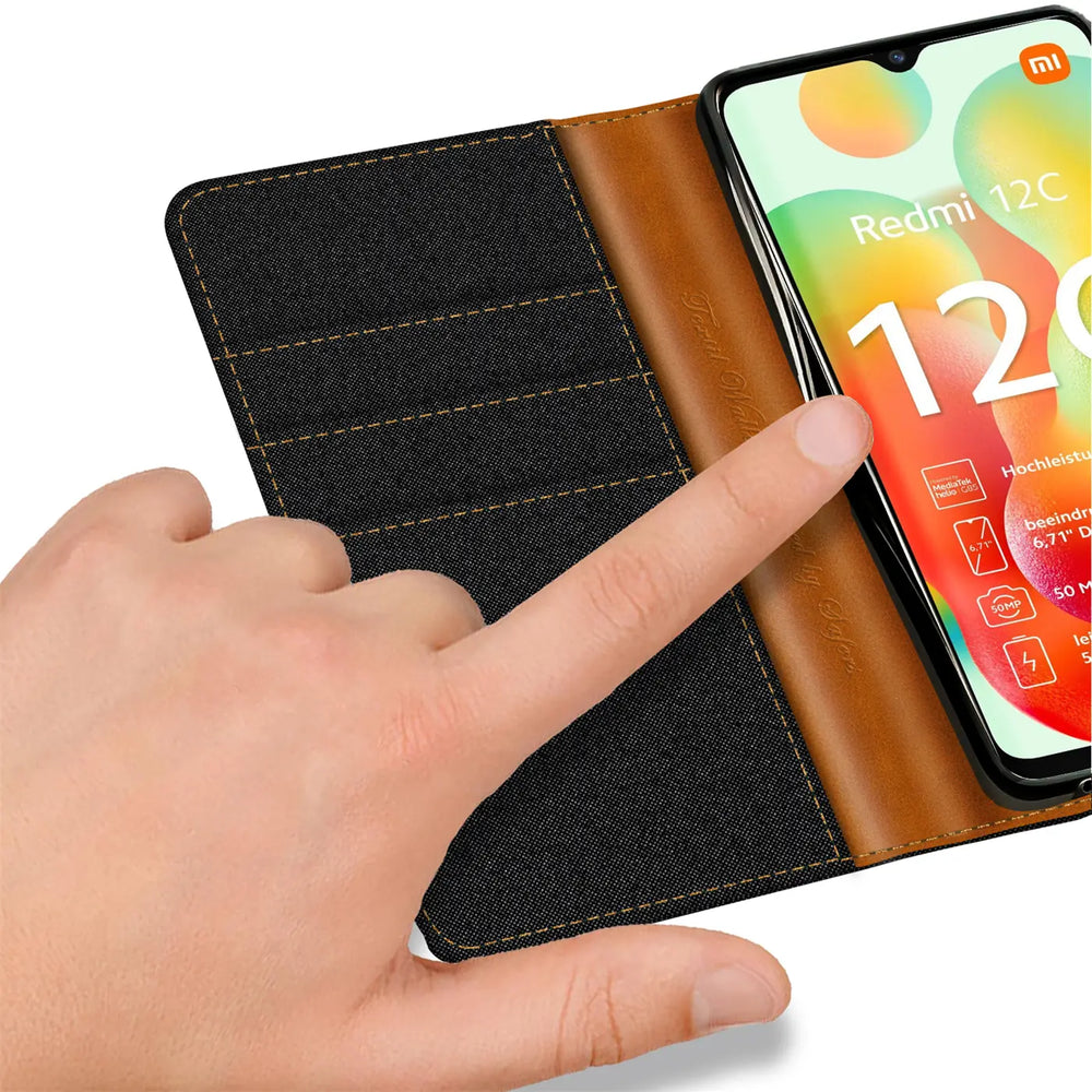Textil-Klapphülle, braun/schwarz, mit Xiaomi Redmi 12C, von oben