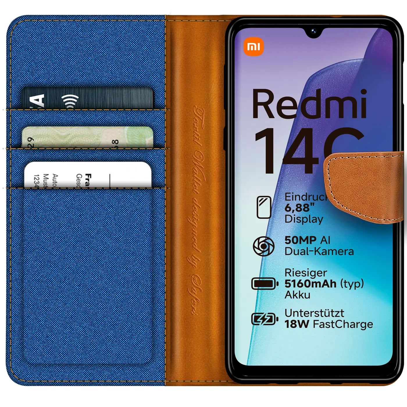 Textil-Klapphülle mit Kartenfach, braun/blau, für Xiaomi Redmi 14C, von vorne