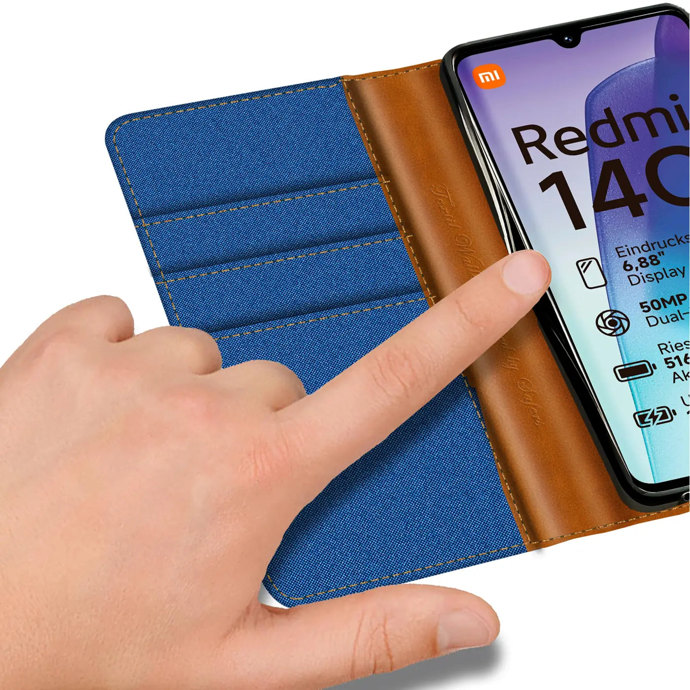 Blaue Textil-Klapphülle mit braunem Lederimitat, Kartenfach, Xiaomi Redmi 14C.
